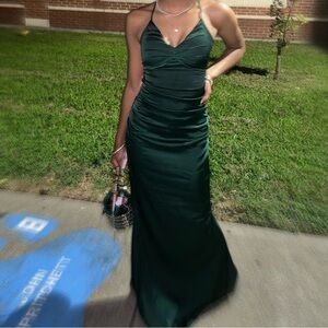 Emerald Green Ruched Satin Evening Dress